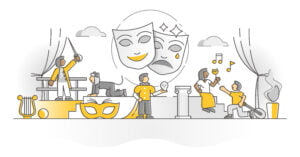 theater show art form with acting stage actors monocolor outline concept