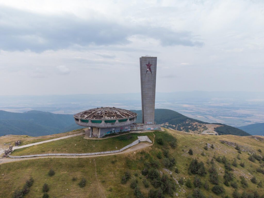 aerial view abandoned soviet monument buzludzha made style brutalism bulgaria