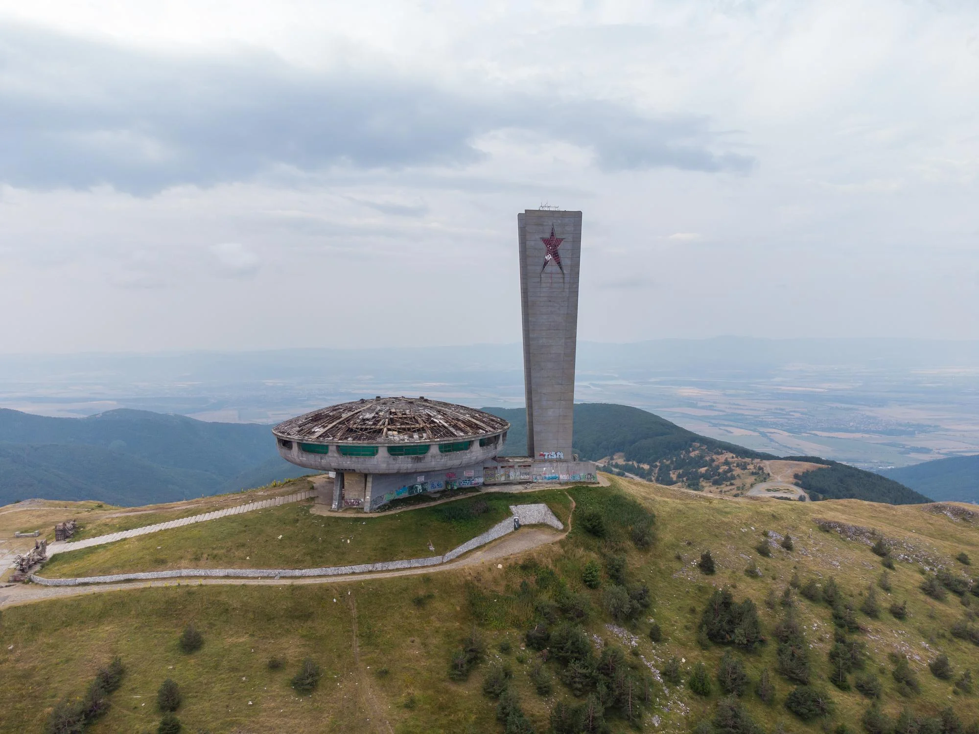 aerial view abandoned soviet monument buzludzha made style brutalism bulgaria