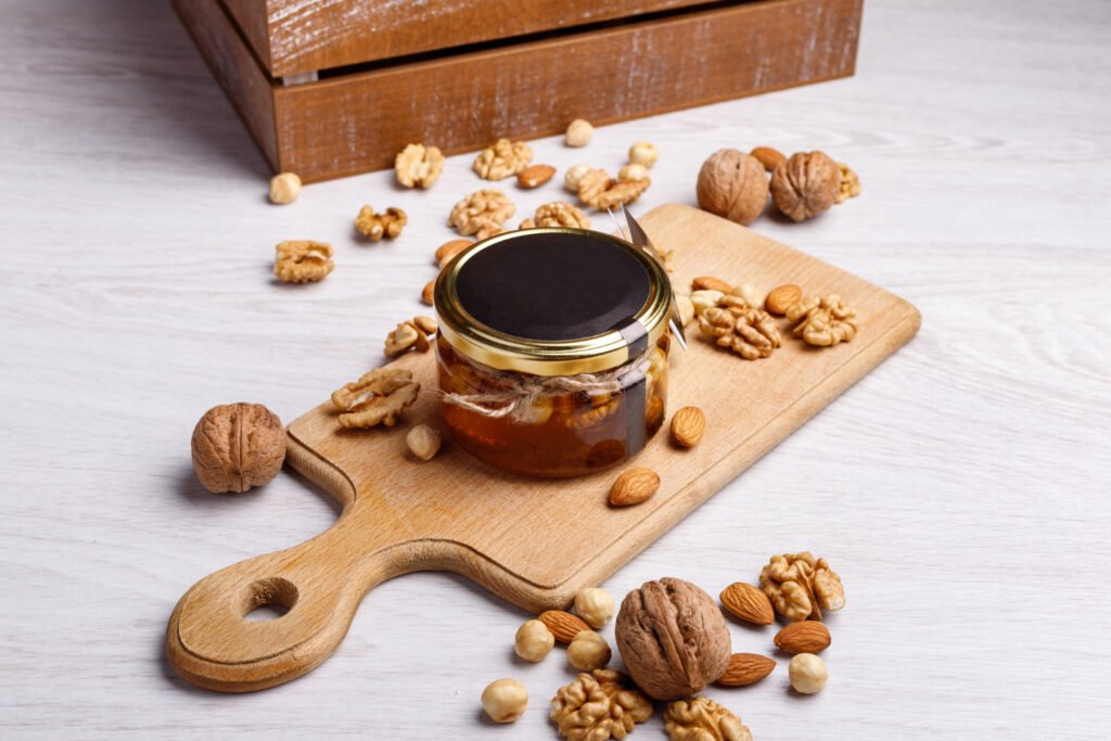 jar honey wooden board