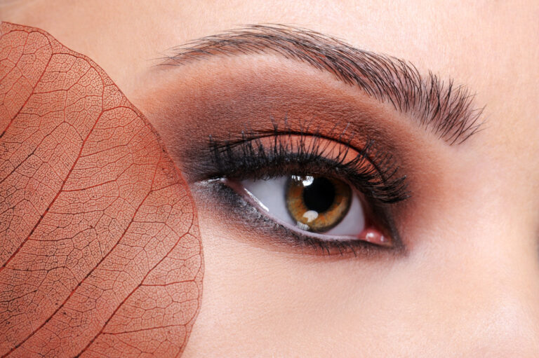 close up shoot female eye with brown bright make up leaf