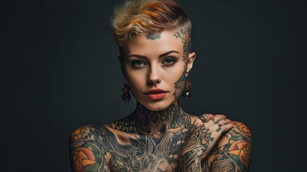 portrait beautiful young woman with tattoos her armsgenerative ai